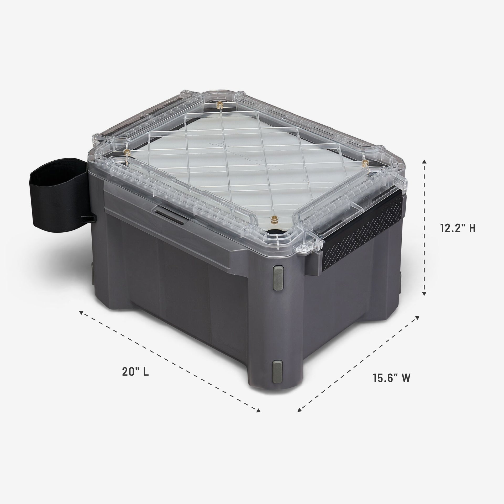 Gray storage box with dimensions indicated on a white background