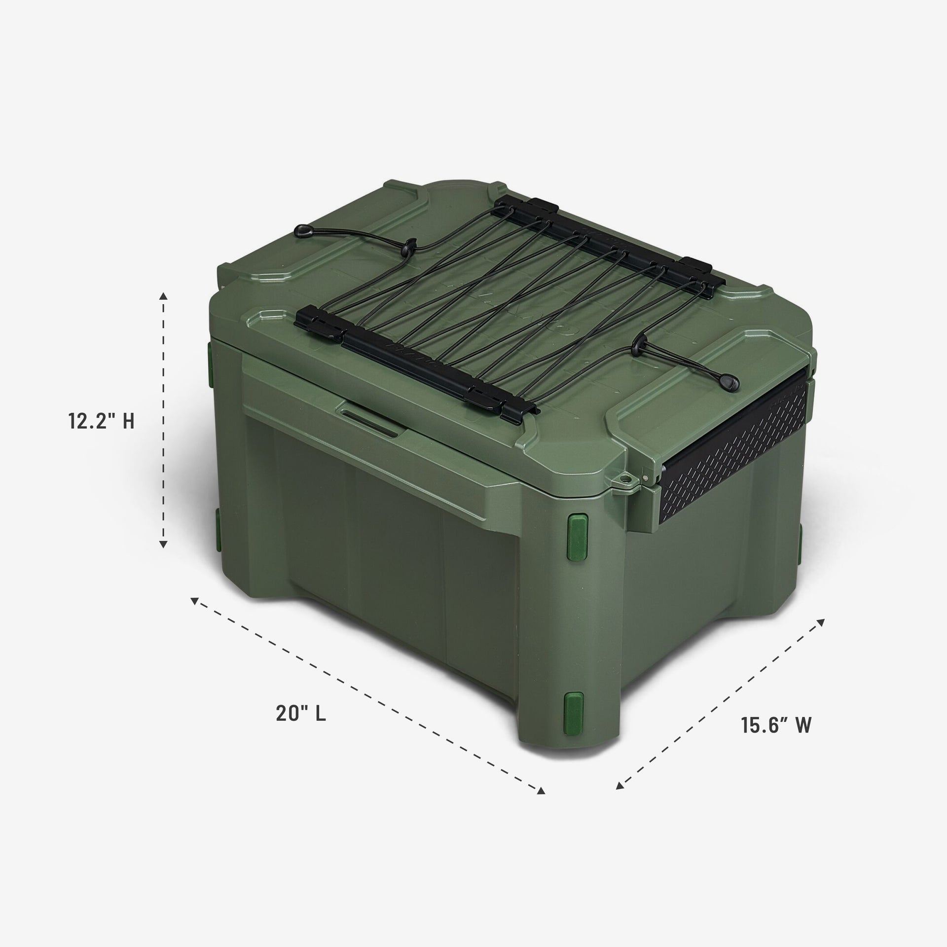 Green storage box with dimensions indicated on a white background