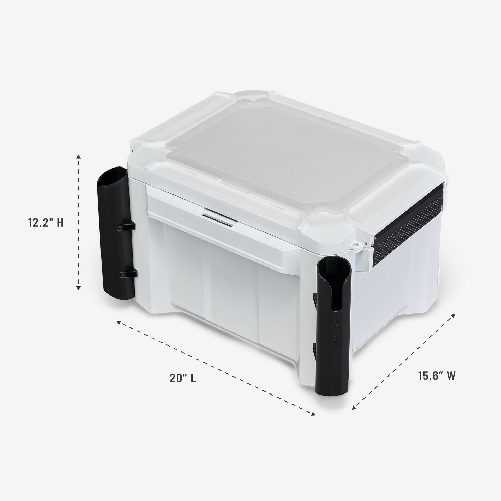 White cooler box with black handles and dimensions labeled on a white background