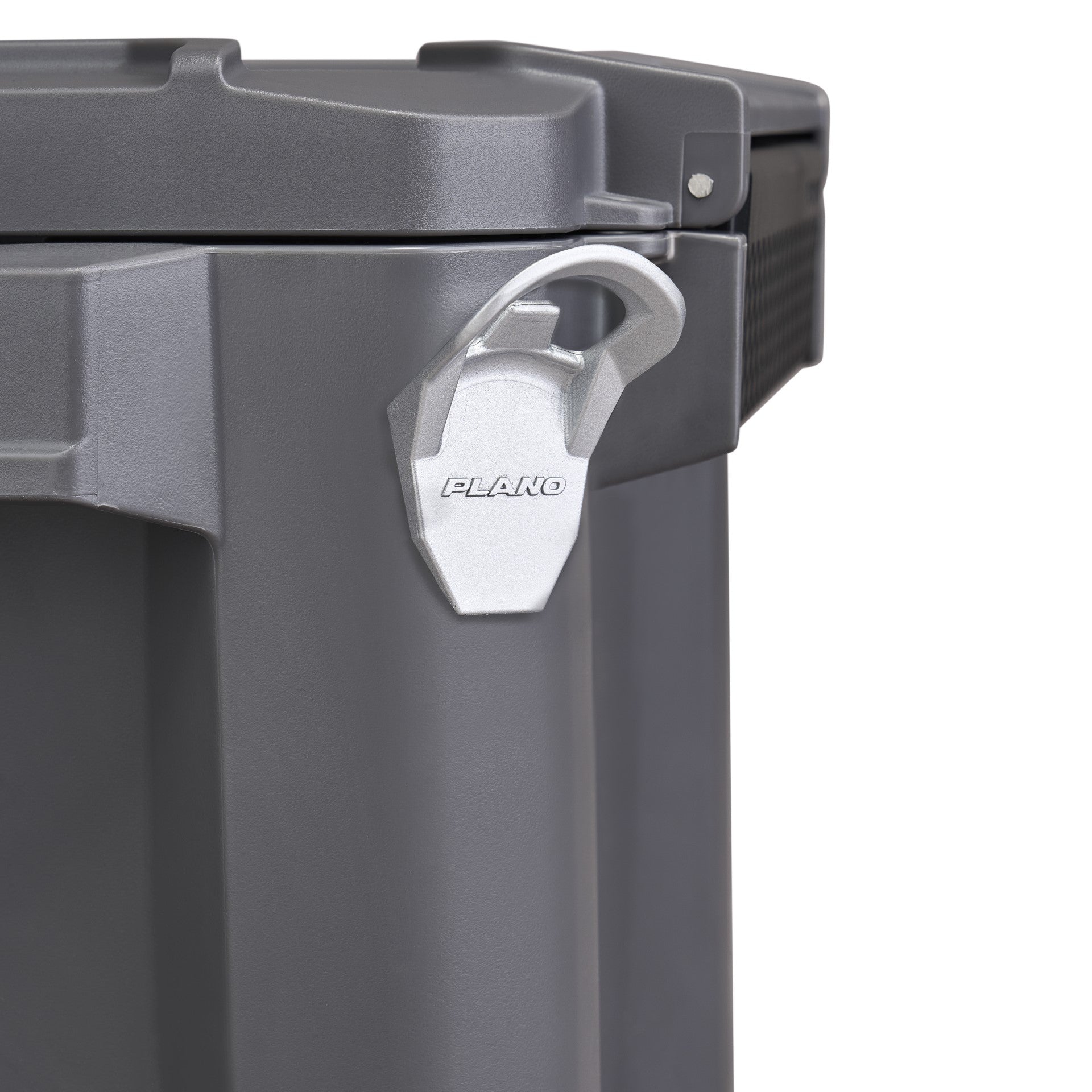Gray storage bin with a silver latch on a white background