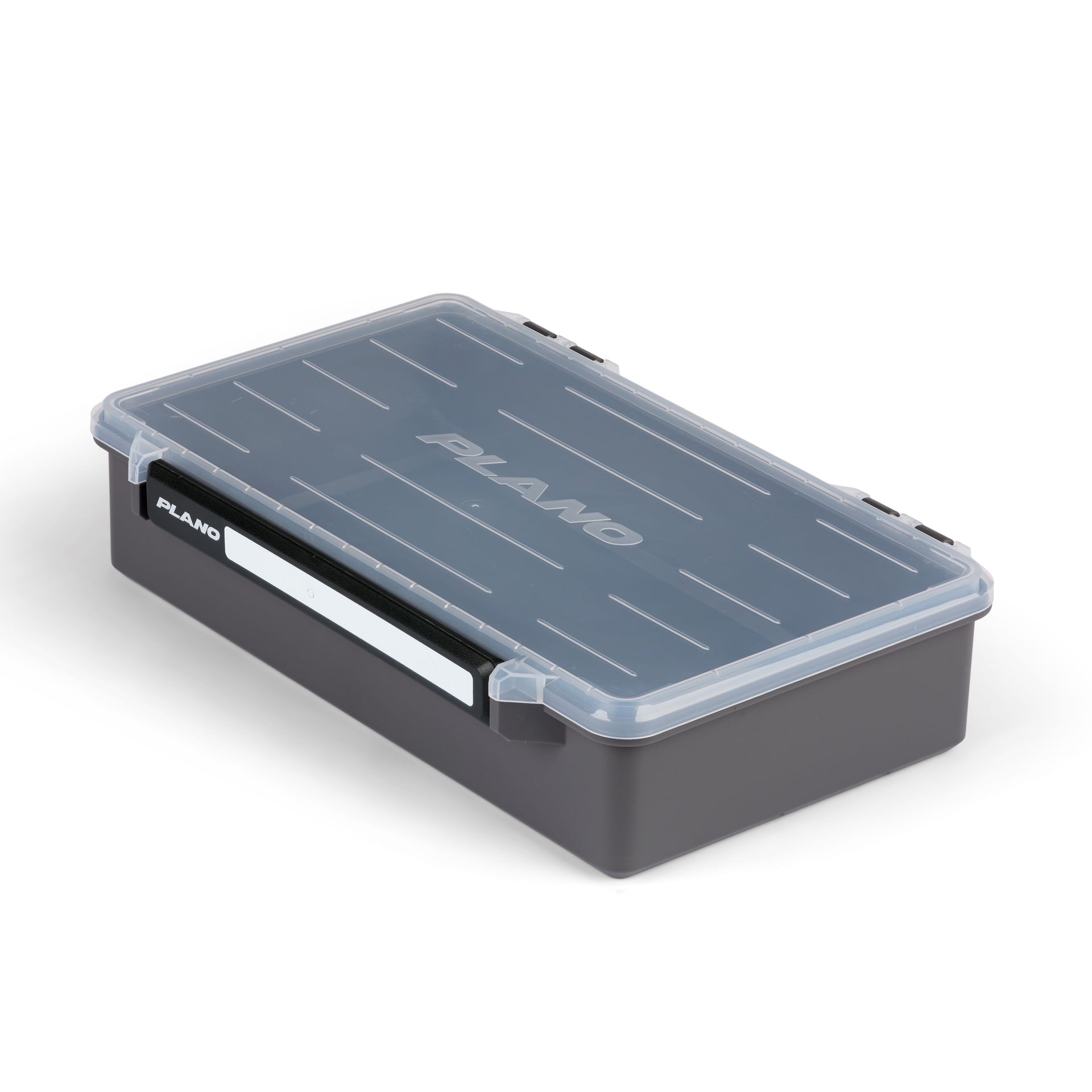 Gray tackle box with clear lid on a white background