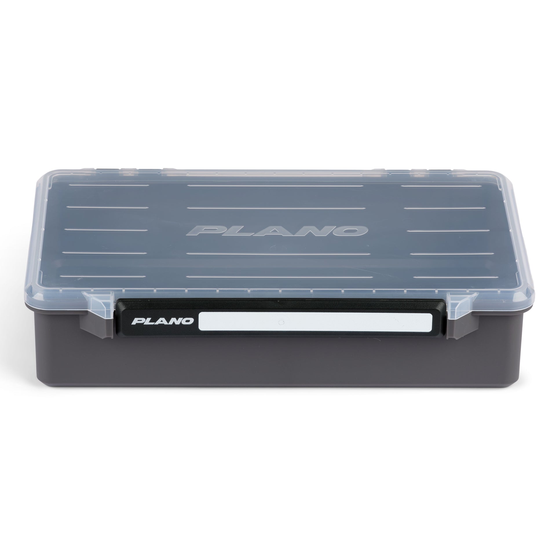 Gray and black tackle box with 'Plano' branding on a white background