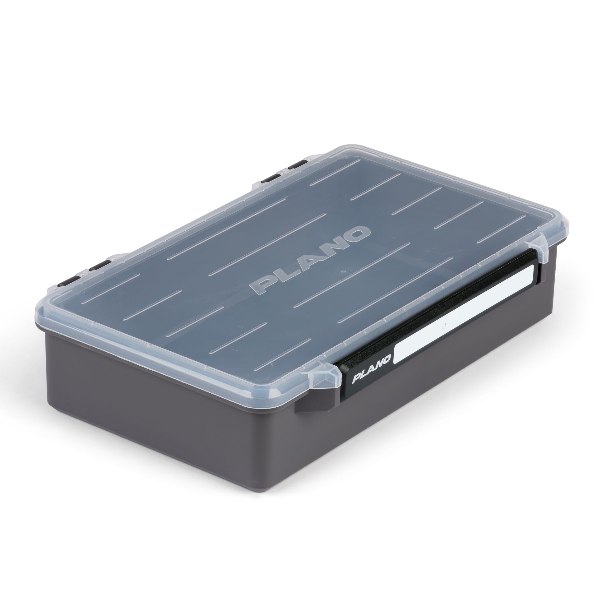 Plano fishing tackle box with clear lid on a white background