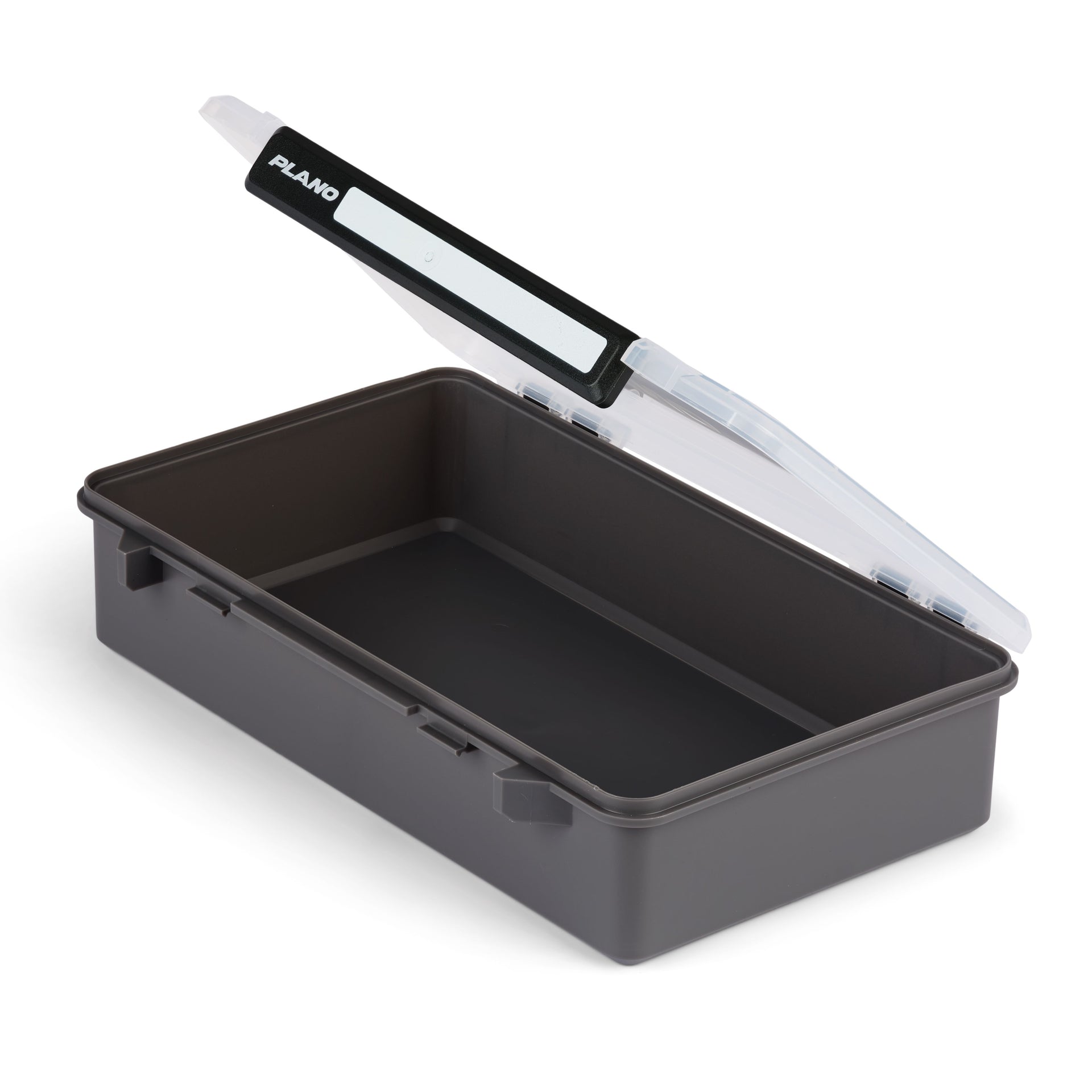 Black storage box with a transparent lid on a white background