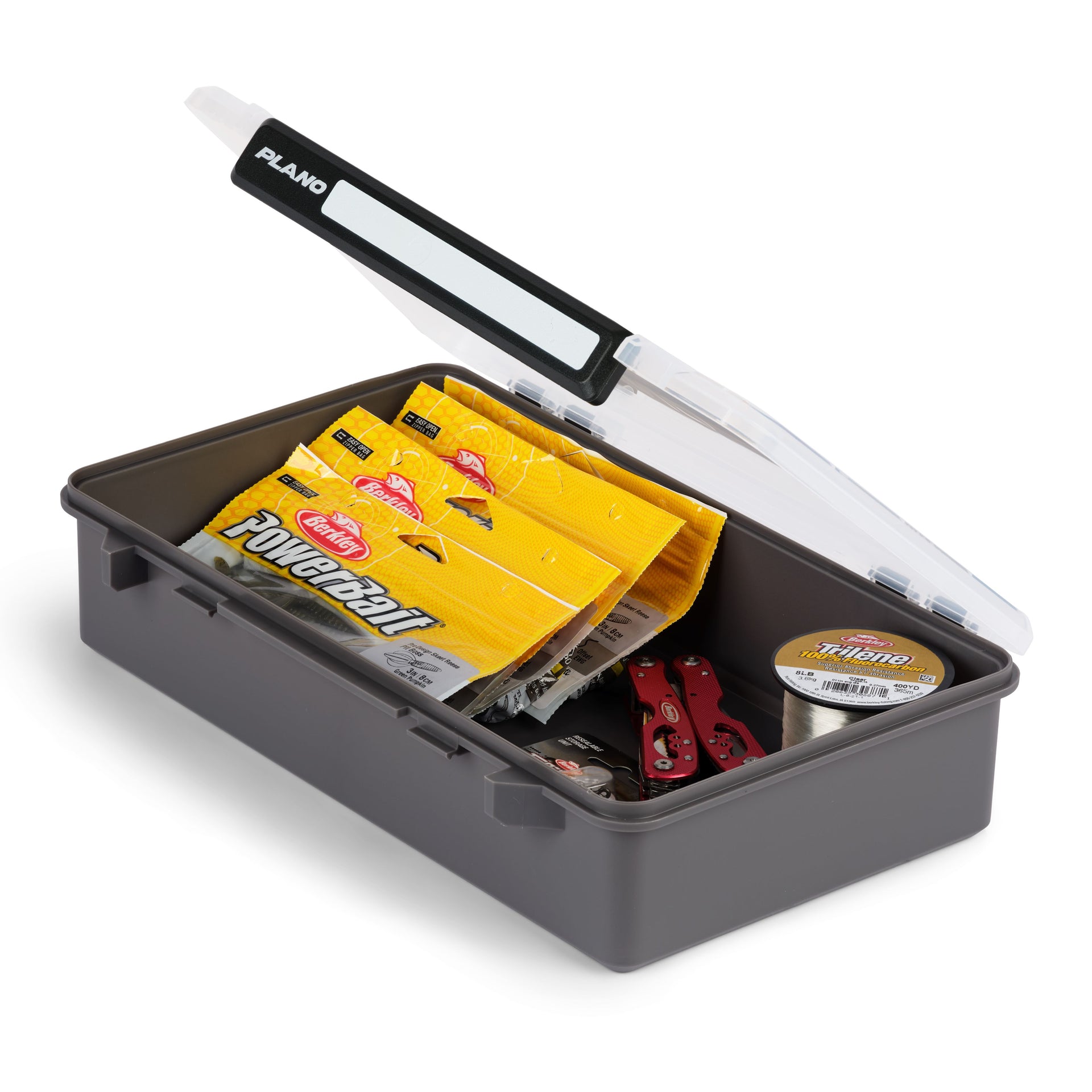 Fishing tackle box withackle and leaders on a white background