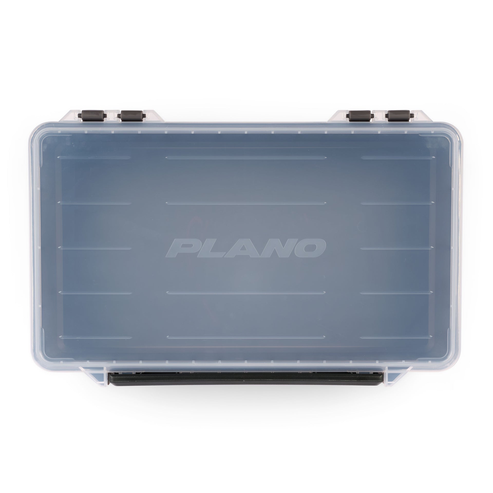 Clear fishing tackle box with 'Plano' branding on a white background