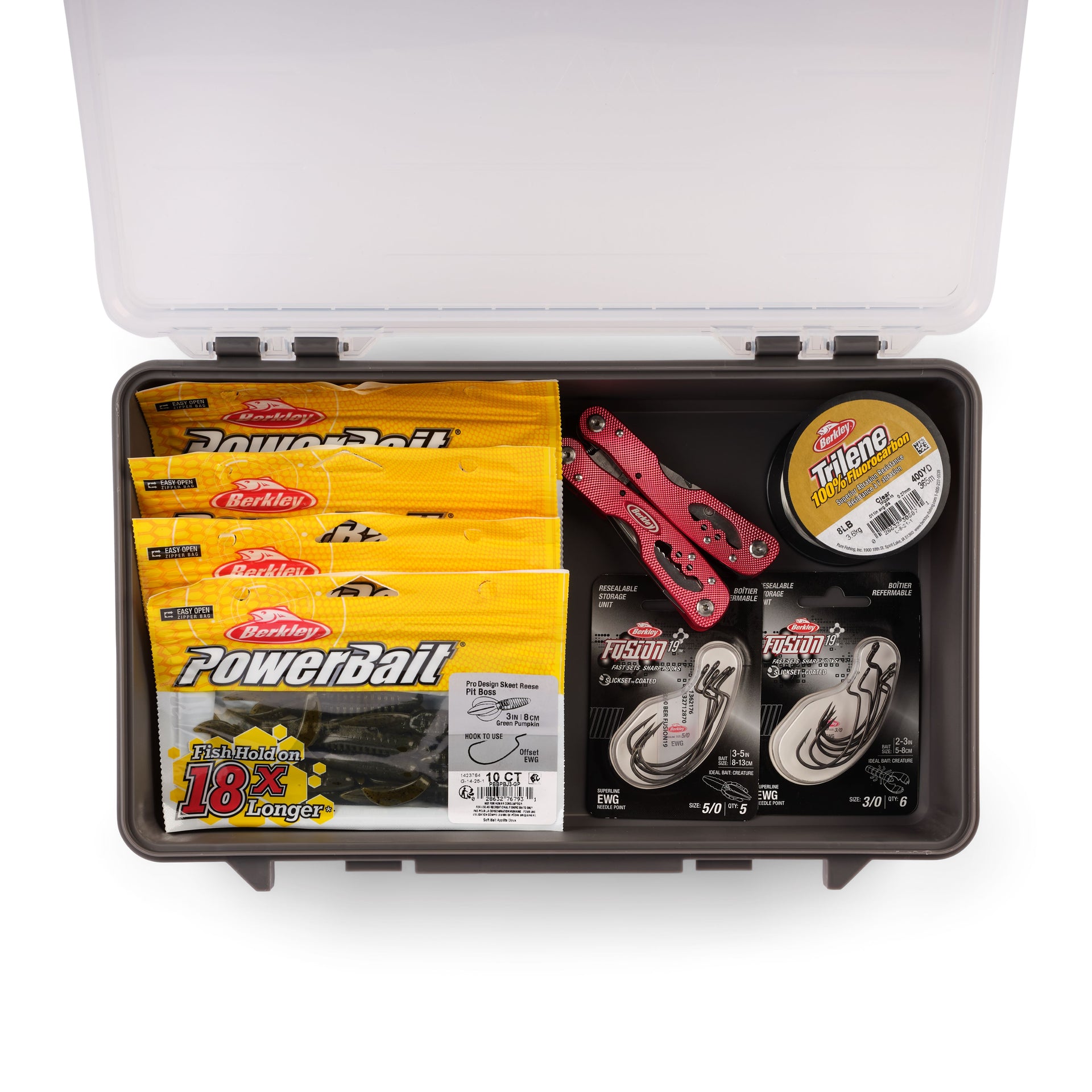 Fishing tackle box with PowerBait and Trilene fishing line on a white background