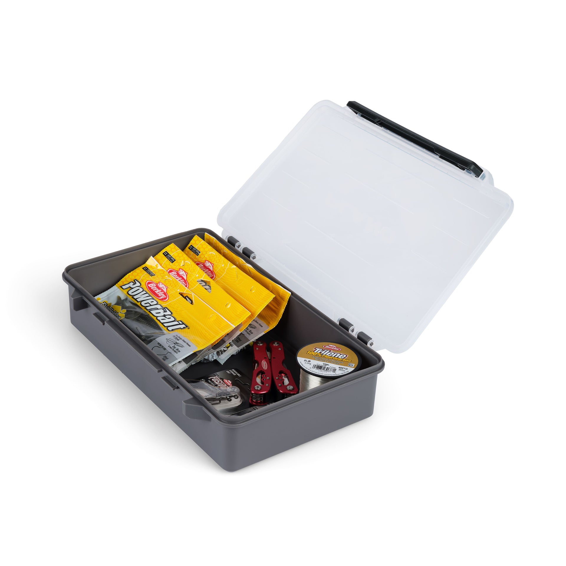 Fishing tackle box with various fishing lures on a white background
