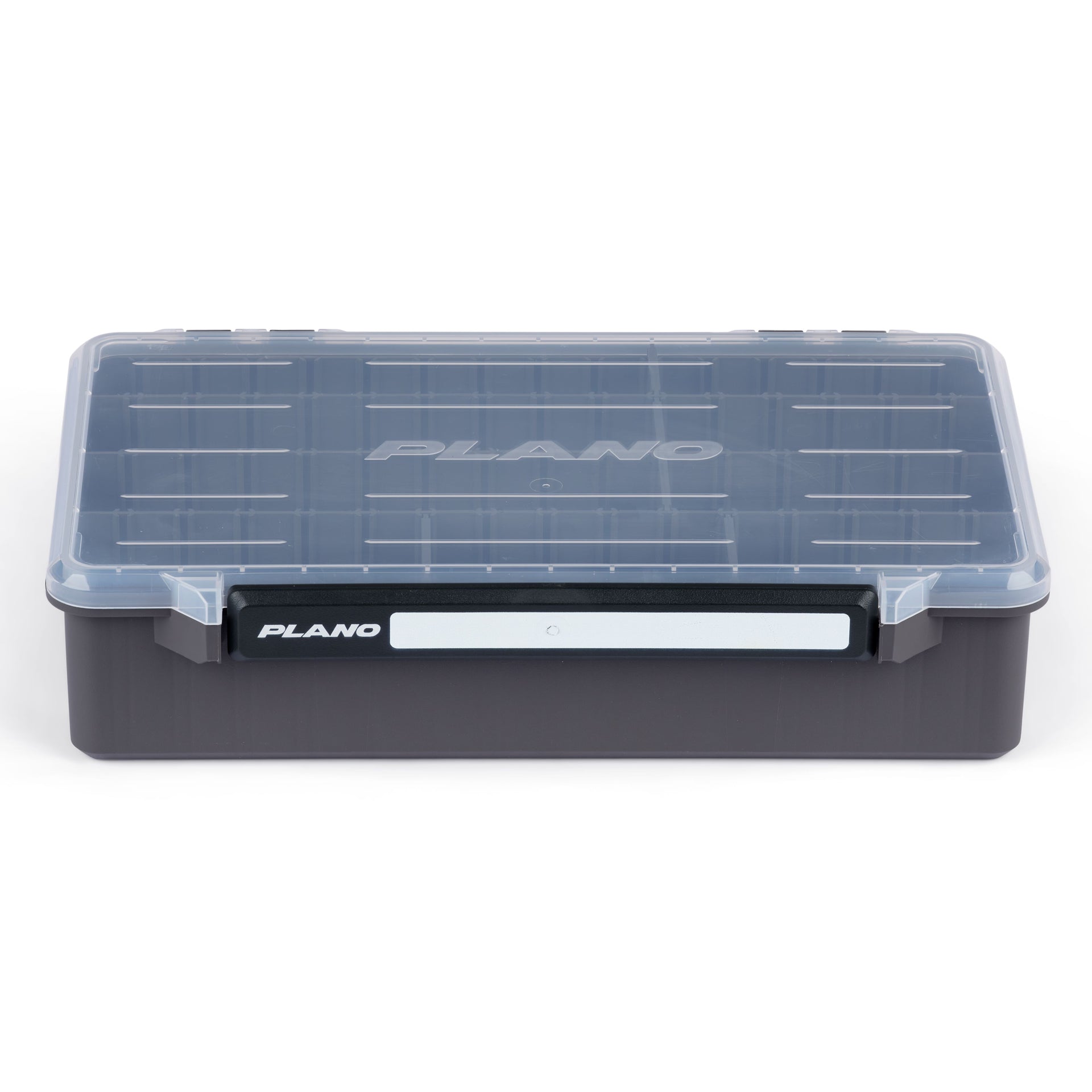 Gray and black tackle box with 'Plano' branding on a white background