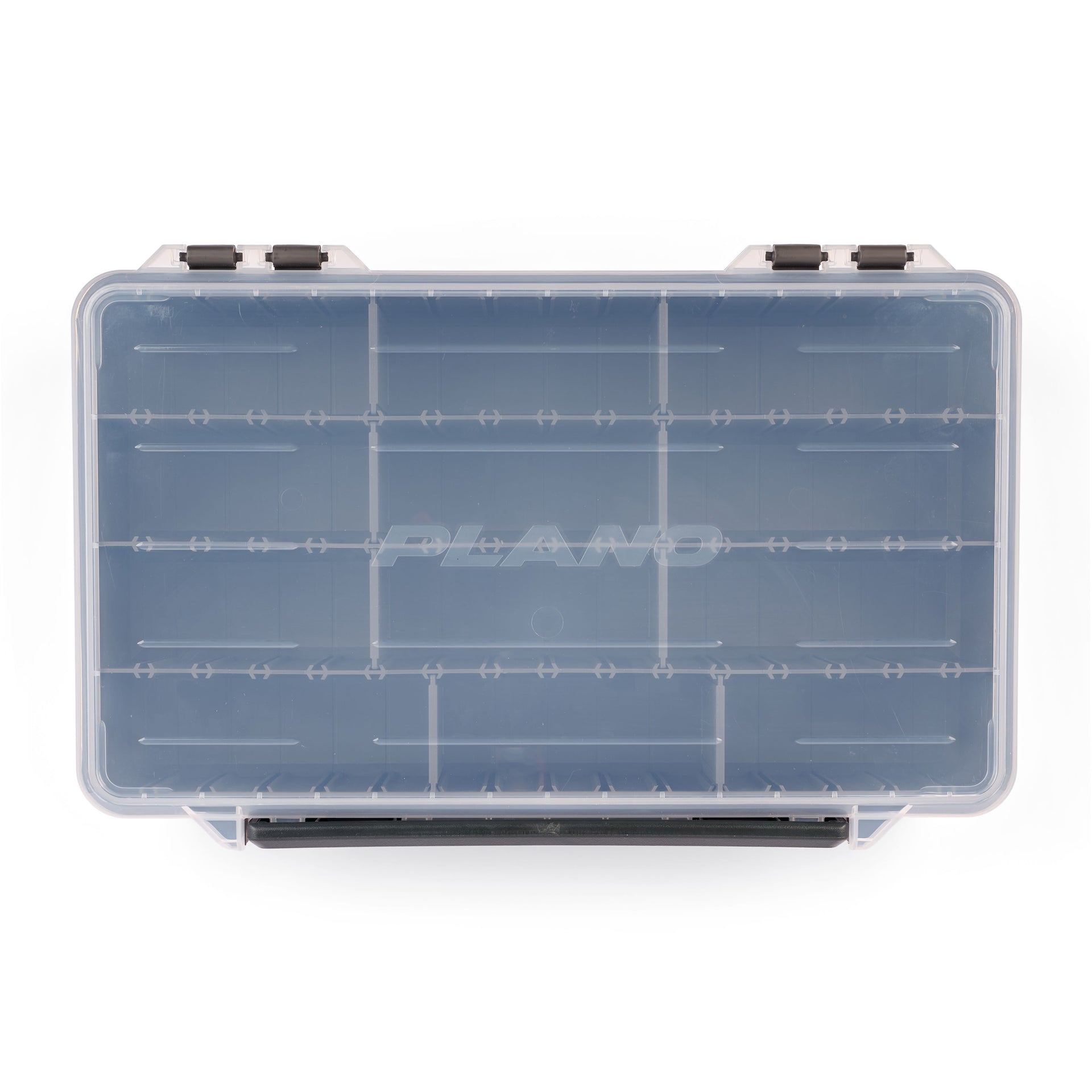 Clear plastic tackle box with grid divisions on a white background