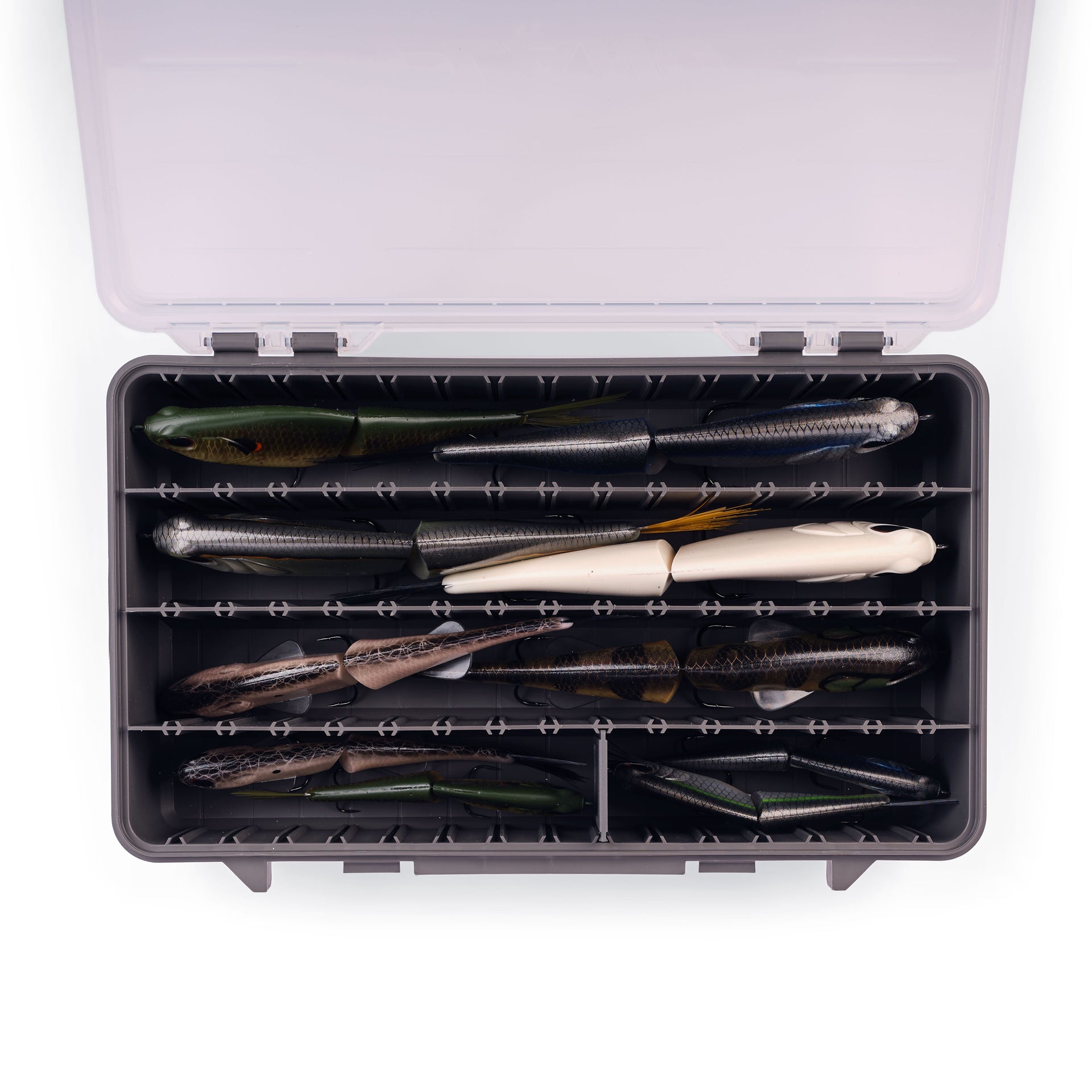 Fishing lure box with various lures inside on a white background