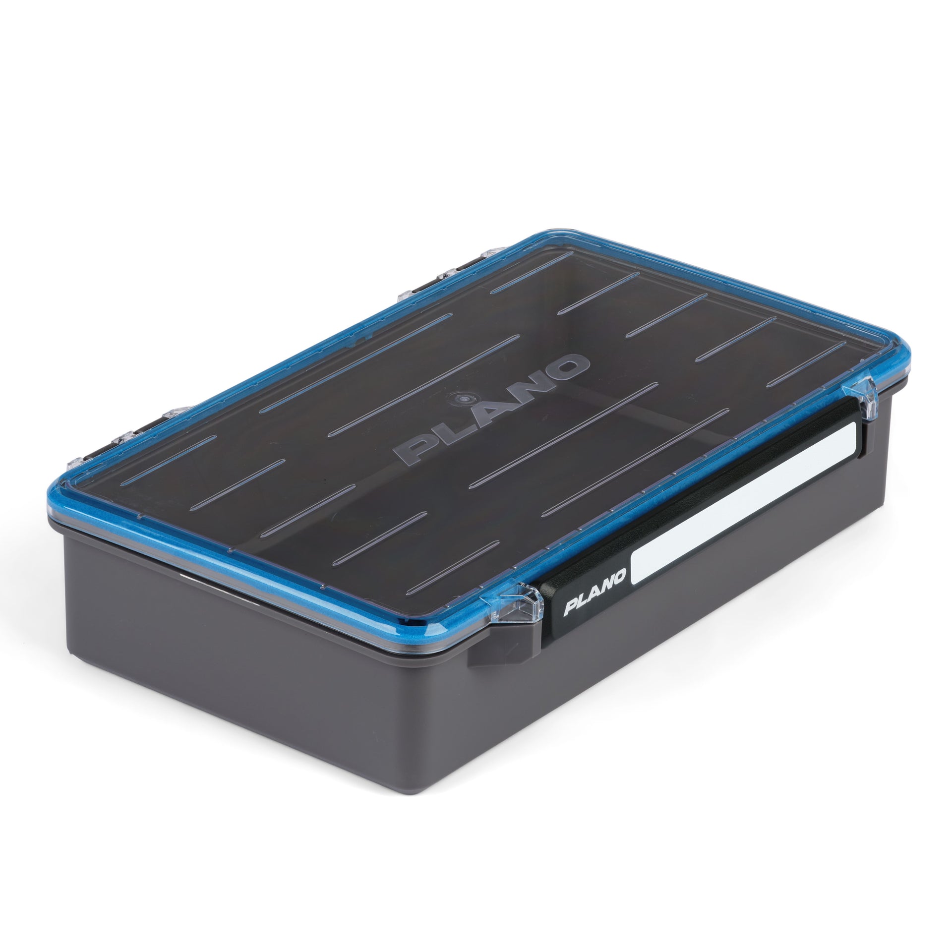 Black and blue storage box with 'Plano' branding on a white background
