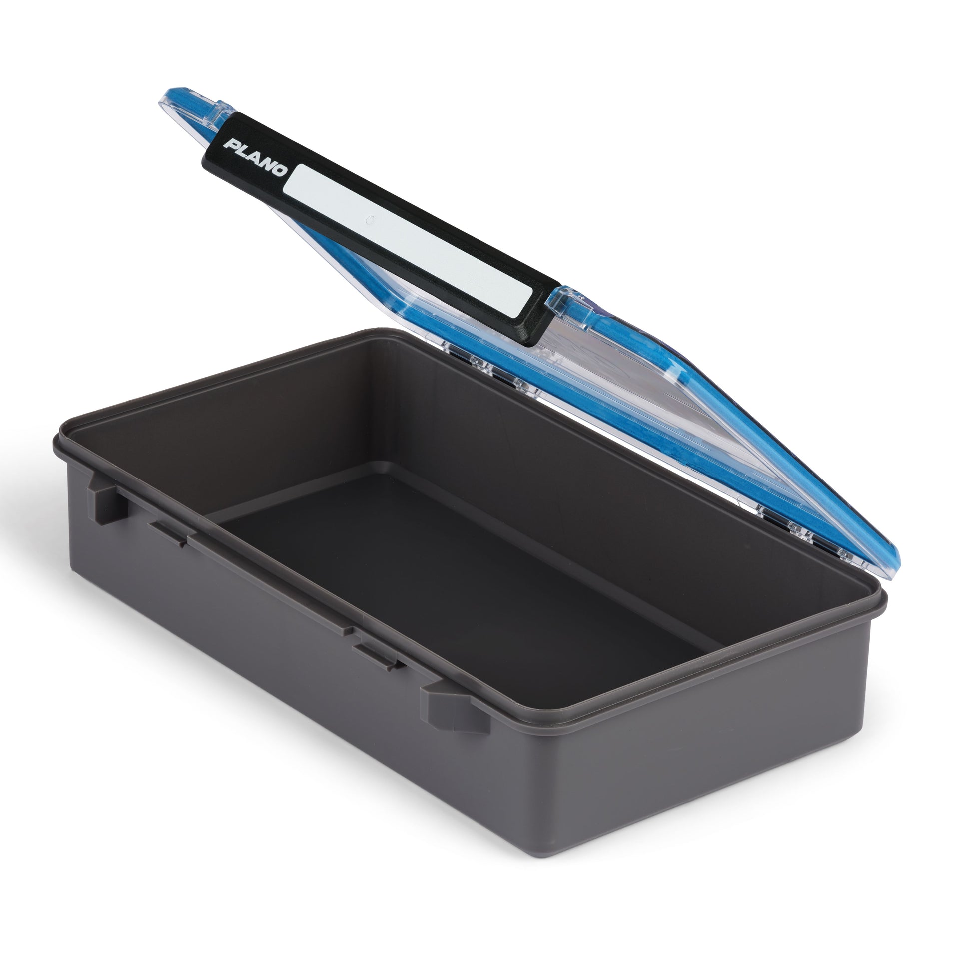 Black storage box with a blue and black lid on a white background