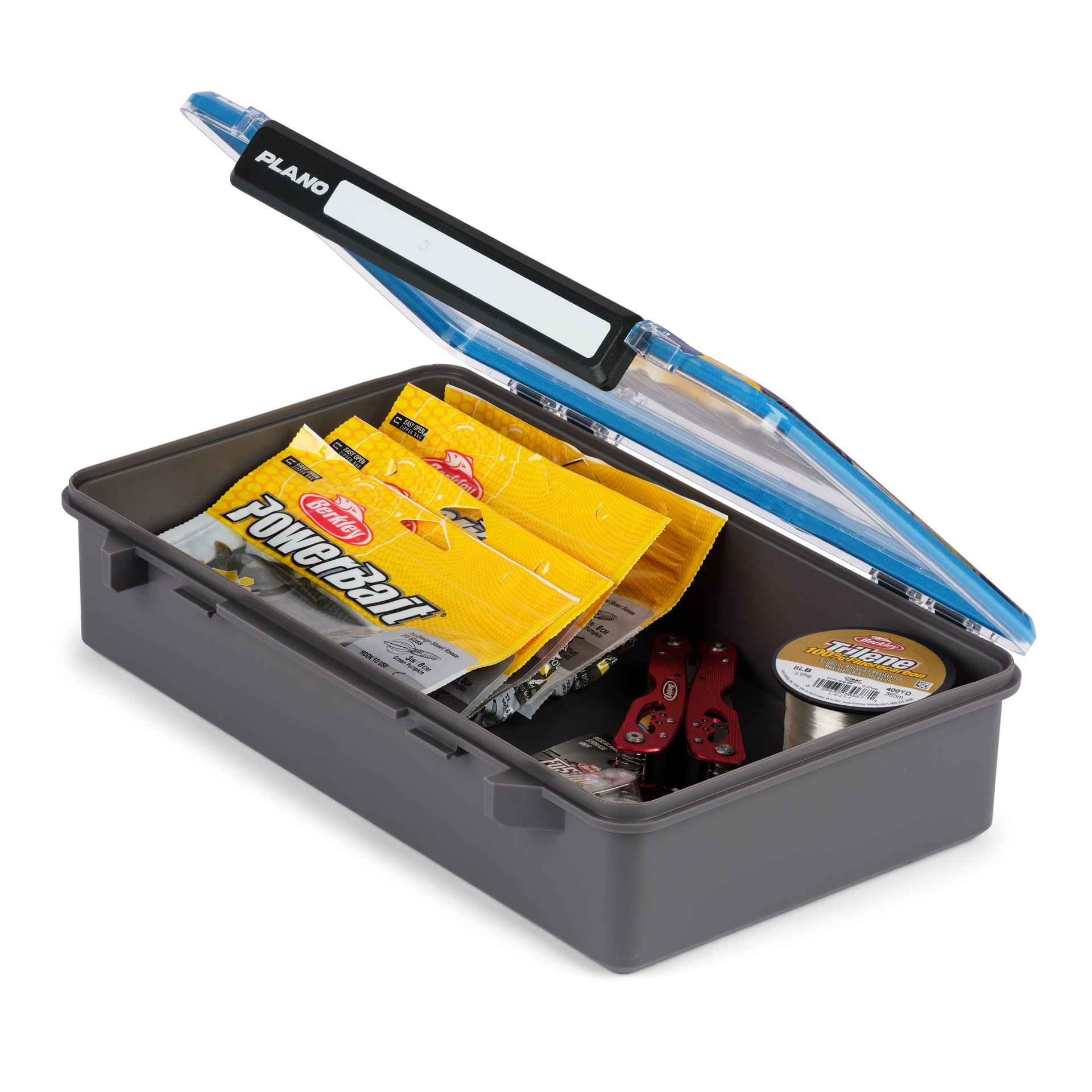 Fishing tackle box with various fishing gear on a white background