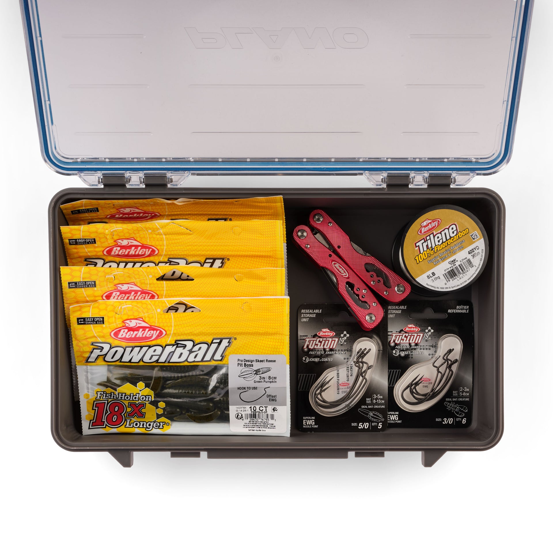 Fishing tackle box with various fishing gear including PowerBait and Trilene line.