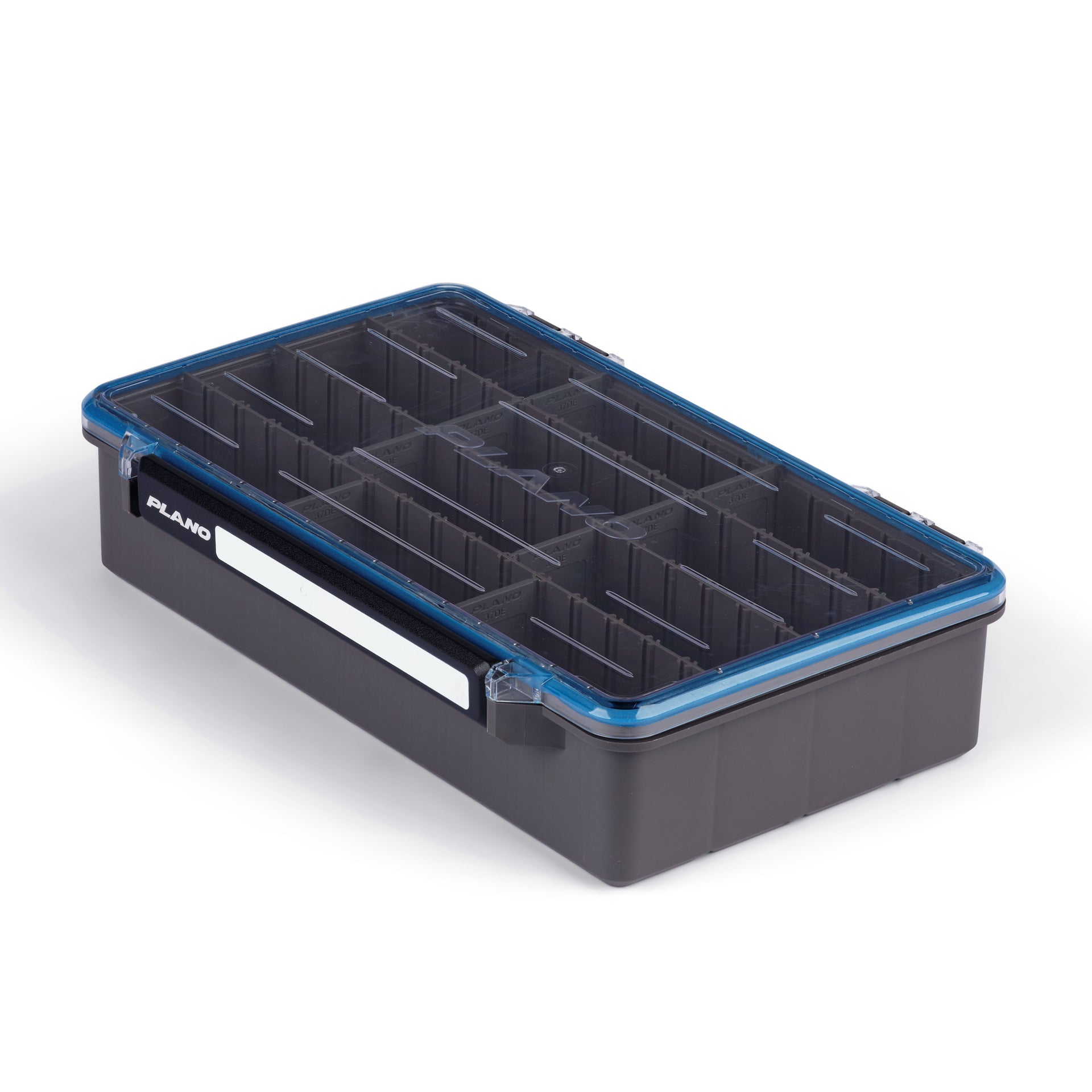 Black and blue storage box with compartments on a white background