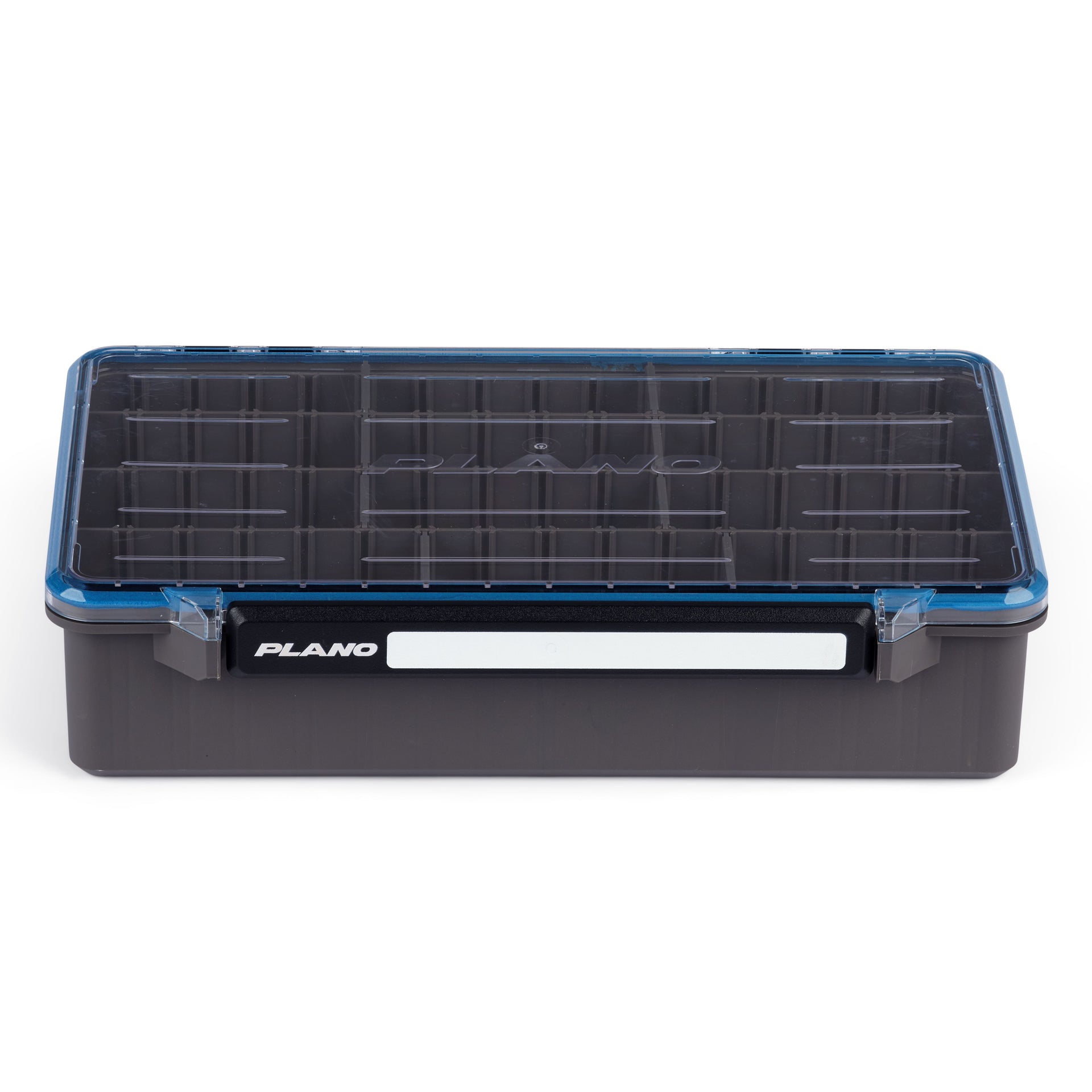 Black and blue storage box with 'Plano' branding on a white background