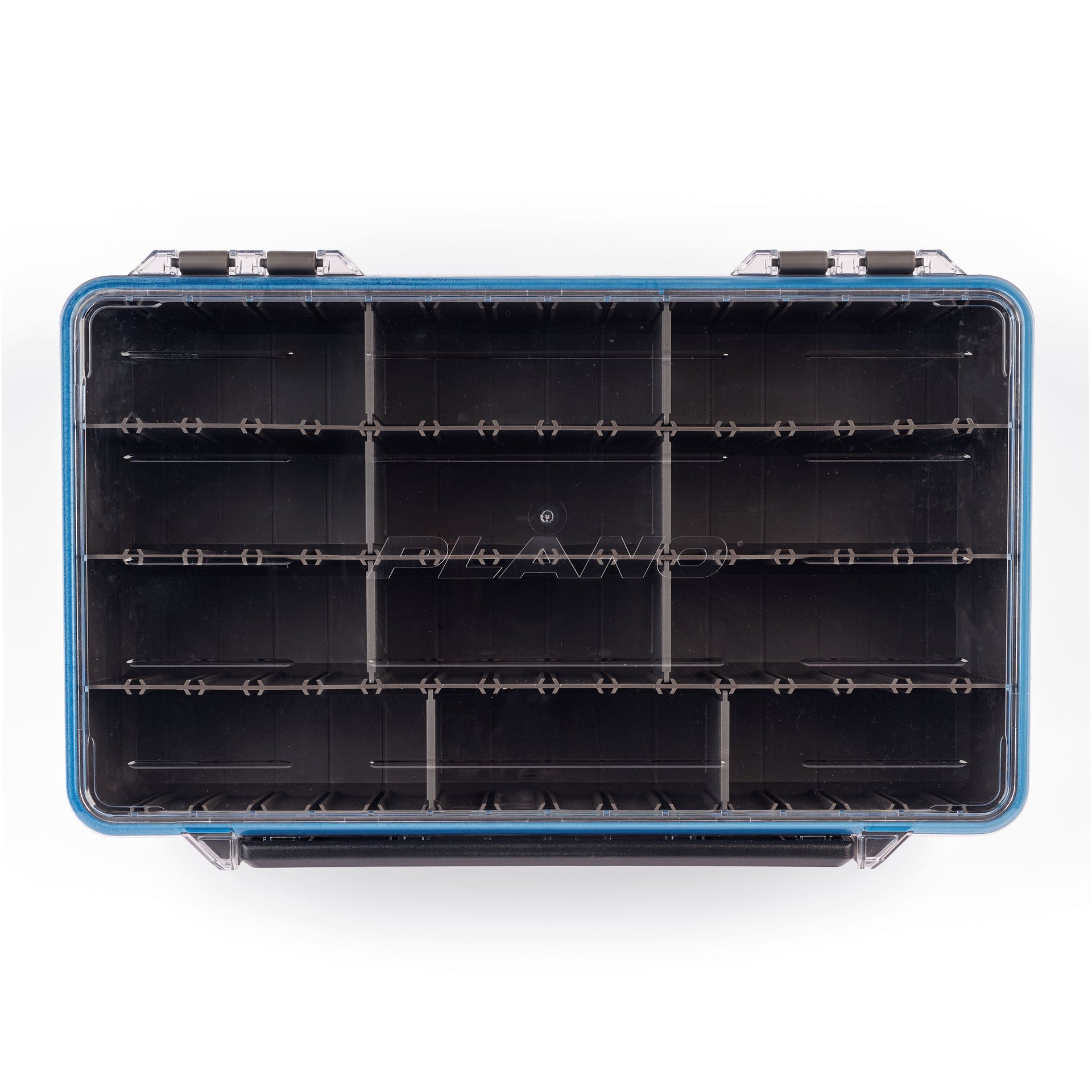 Clear plastic tackle box with blue rim on a white background