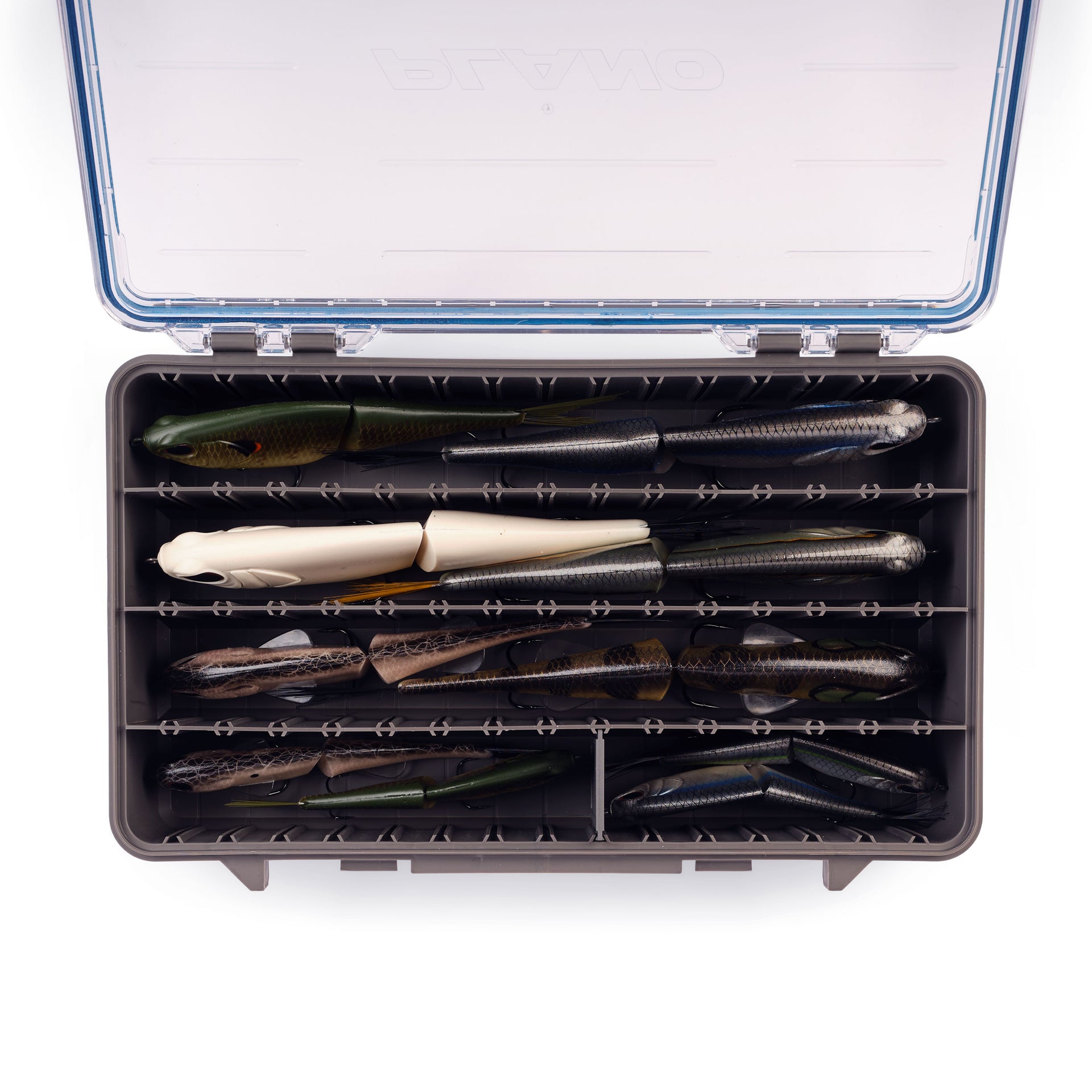 Fishing lure box with various fishing lures inside on a white background