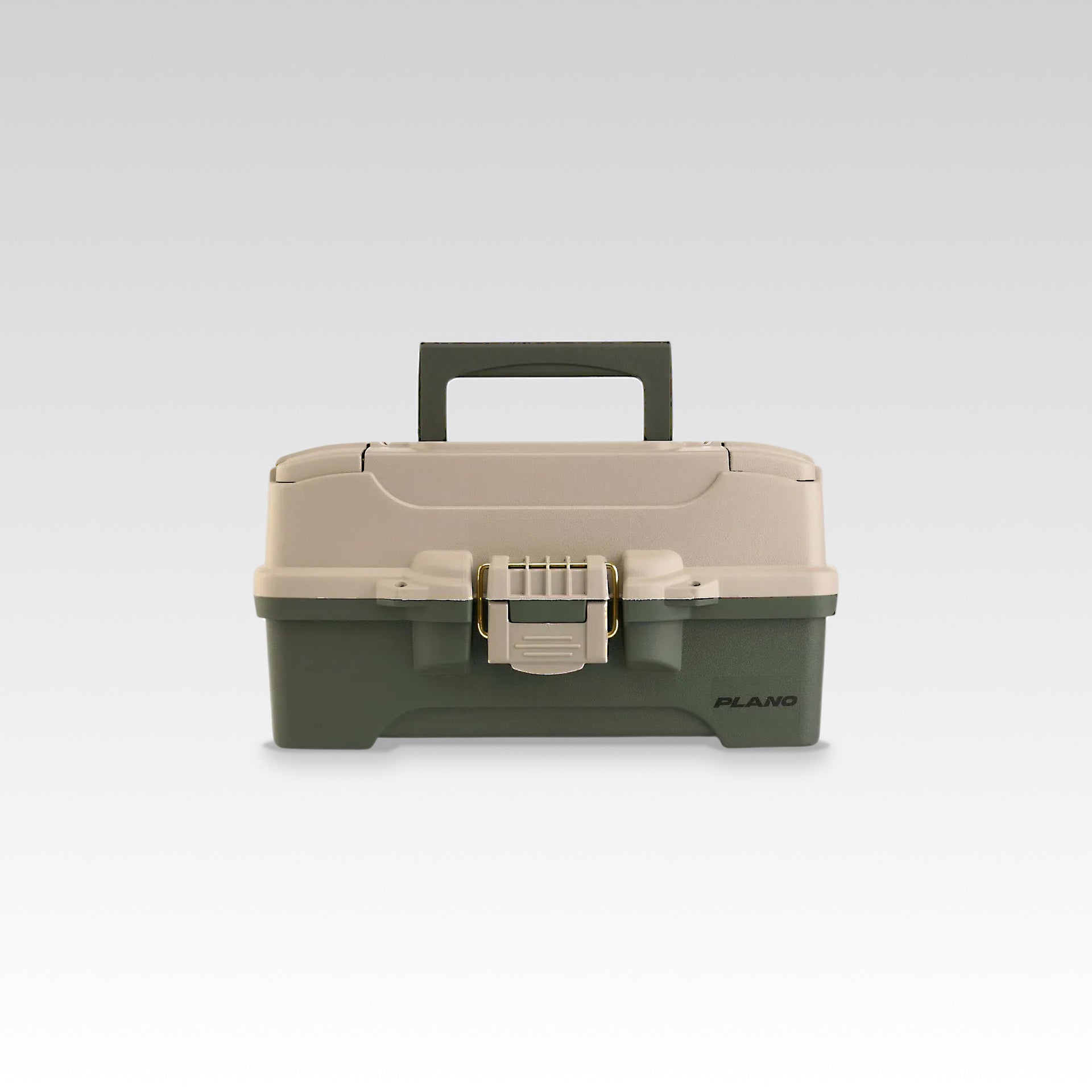 Green and beige fishing tackle box with 'Plano' branding on a white background
